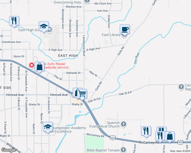 map of restaurants, bars, coffee shops, grocery stores, and more near 1961 Nair Street in Youngstown