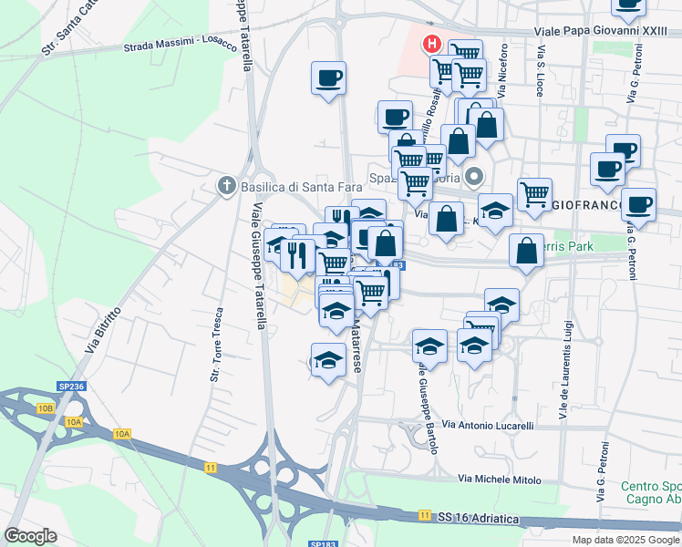 map of restaurants, bars, coffee shops, grocery stores, and more near 24 Via Salvatore Matarrese in Bari