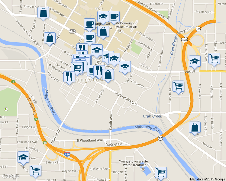 map of restaurants, bars, coffee shops, grocery stores, and more near 260 Federal Plaza East in Youngstown