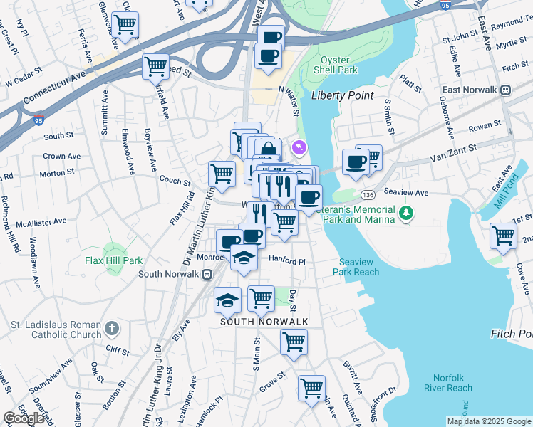 map of restaurants, bars, coffee shops, grocery stores, and more near 23 South Main Street in Norwalk