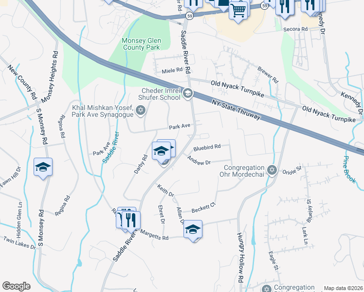 map of restaurants, bars, coffee shops, grocery stores, and more near 228 Saddle River Road in Airmont