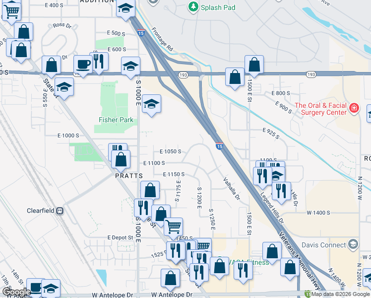 map of restaurants, bars, coffee shops, grocery stores, and more near 1151 1050 South in Clearfield