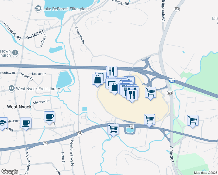 map of restaurants, bars, coffee shops, grocery stores, and more near 1000 Palisades Center Drive in West Nyack