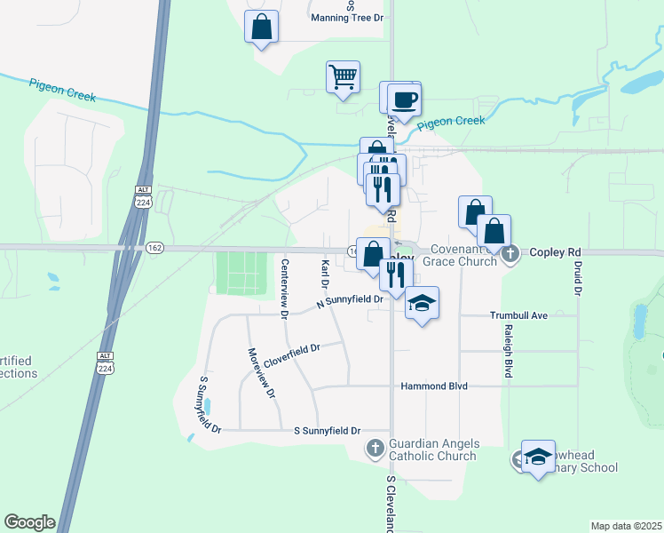map of restaurants, bars, coffee shops, grocery stores, and more near 1459 Karl Drive in Akron