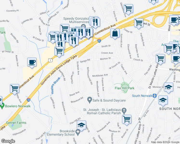 map of restaurants, bars, coffee shops, grocery stores, and more near 30 Richmond Hill Road in Norwalk
