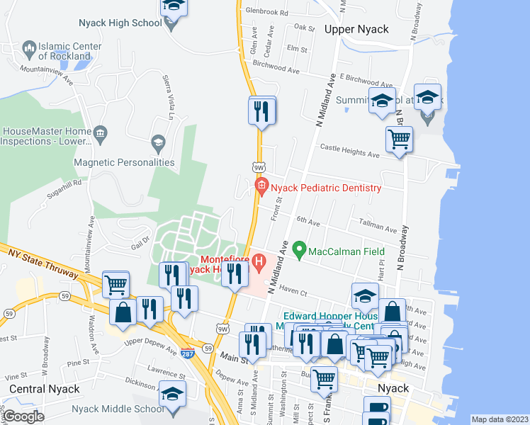 map of restaurants, bars, coffee shops, grocery stores, and more near 229 6th Avenue in Nyack