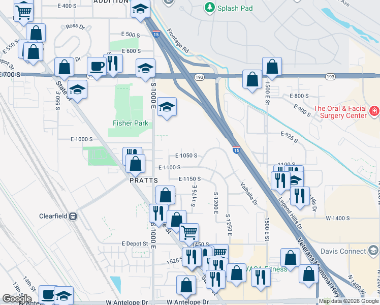 map of restaurants, bars, coffee shops, grocery stores, and more near 1151 East 1050 South in Clearfield