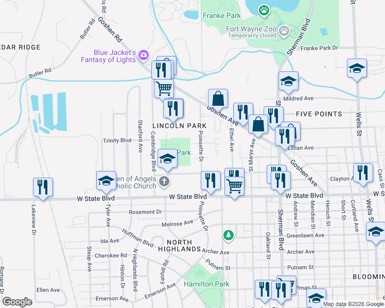 map of restaurants, bars, coffee shops, grocery stores, and more near 1402 Lillian Avenue in Fort Wayne