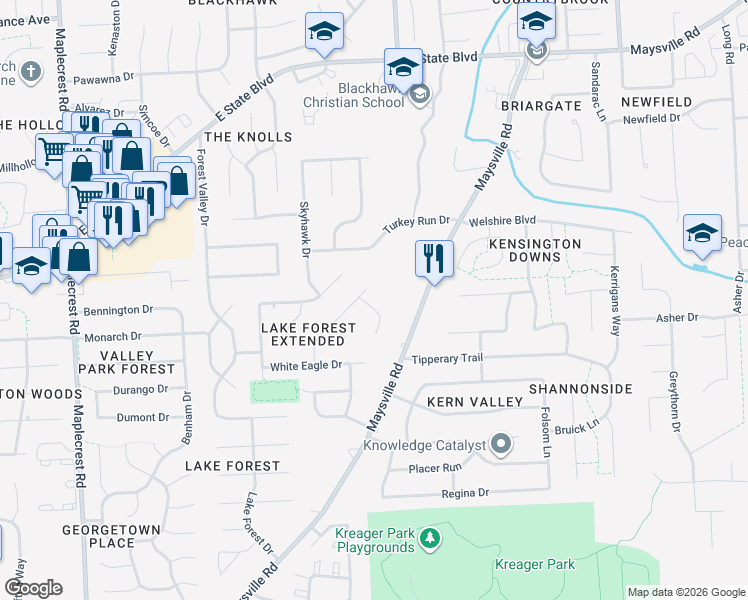 map of restaurants, bars, coffee shops, grocery stores, and more near 7205 Miahqueah Court in Fort Wayne