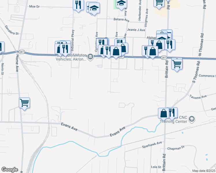map of restaurants, bars, coffee shops, grocery stores, and more near 1256 Brownstone Avenue in Akron