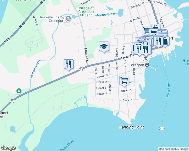 map of restaurants, bars, coffee shops, grocery stores, and more near 658 9th Street in Greenport