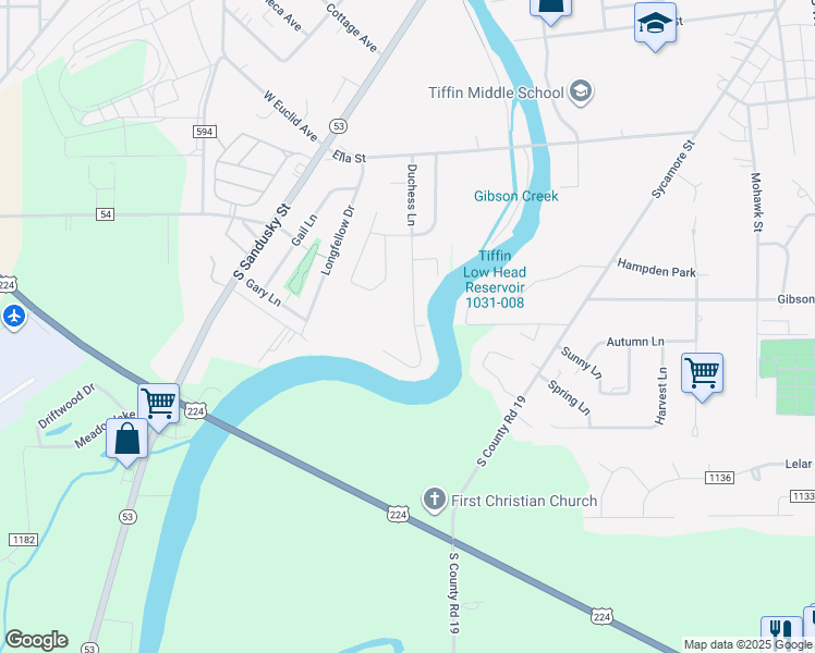 map of restaurants, bars, coffee shops, grocery stores, and more near 174 Duchess Lane in Tiffin