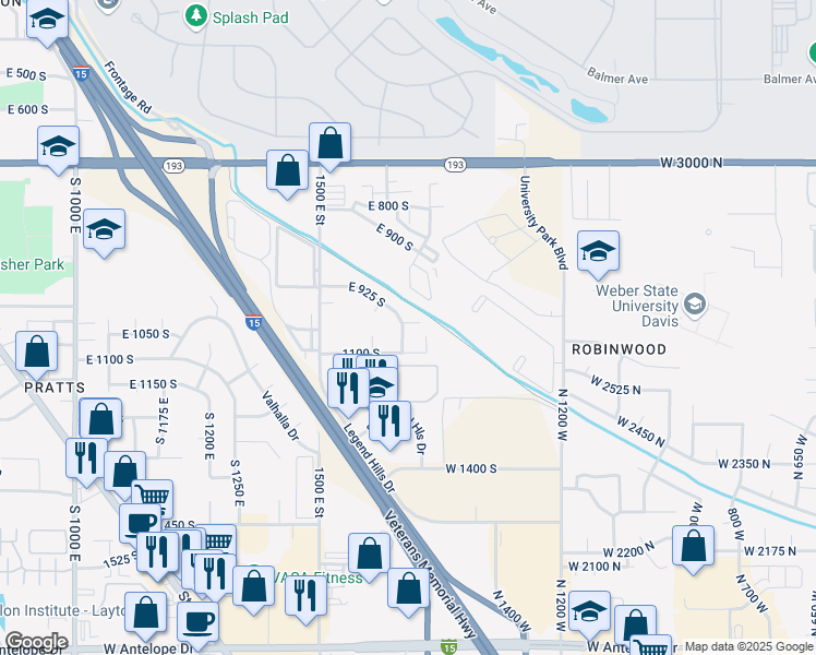 map of restaurants, bars, coffee shops, grocery stores, and more near 1065 South 1650 East in Clearfield