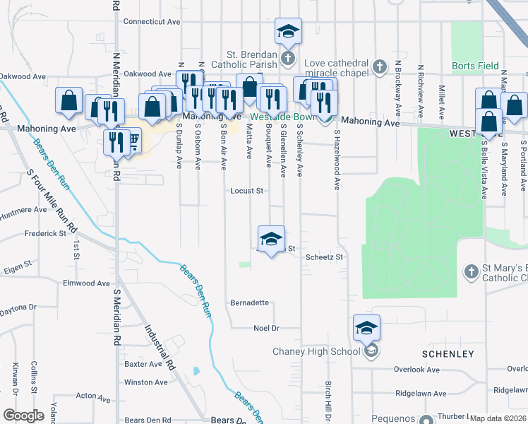 map of restaurants, bars, coffee shops, grocery stores, and more near 206 Bouquet Avenue in Youngstown
