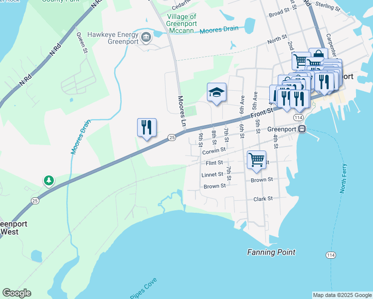 map of restaurants, bars, coffee shops, grocery stores, and more near 658 9th Street in Greenport
