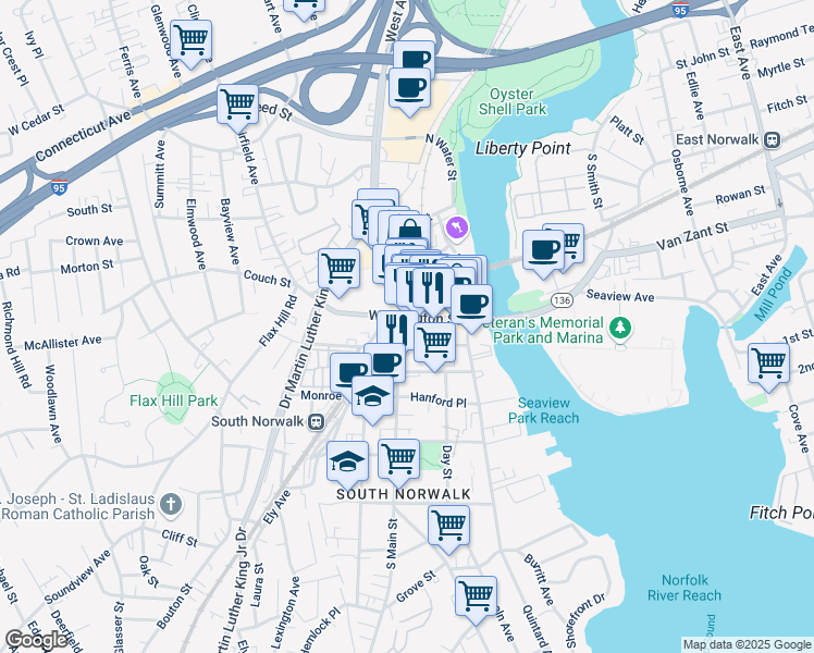 map of restaurants, bars, coffee shops, grocery stores, and more near 23 South Main Street in Norwalk