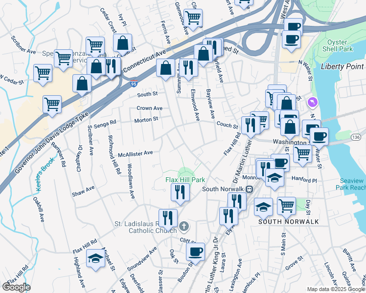 map of restaurants, bars, coffee shops, grocery stores, and more near 32 Taylor Avenue in Norwalk