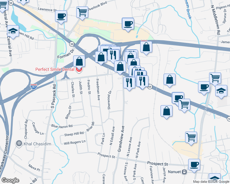 map of restaurants, bars, coffee shops, grocery stores, and more near 32 Sherwood Drive in Nanuet