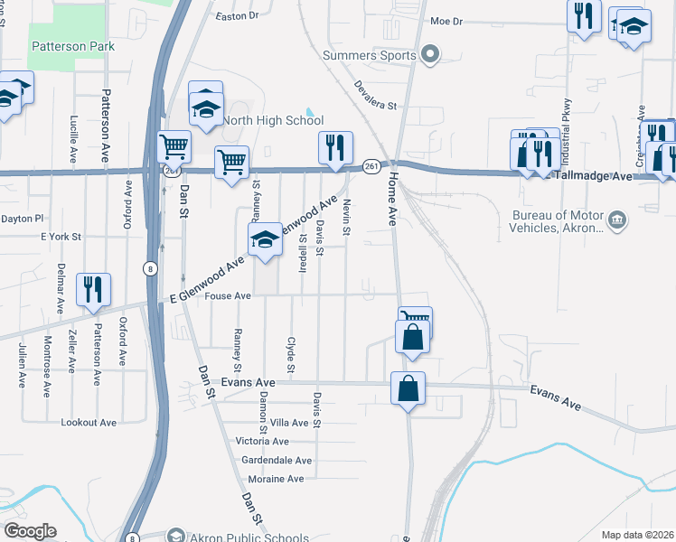 map of restaurants, bars, coffee shops, grocery stores, and more near 925 Nevin Street in Akron