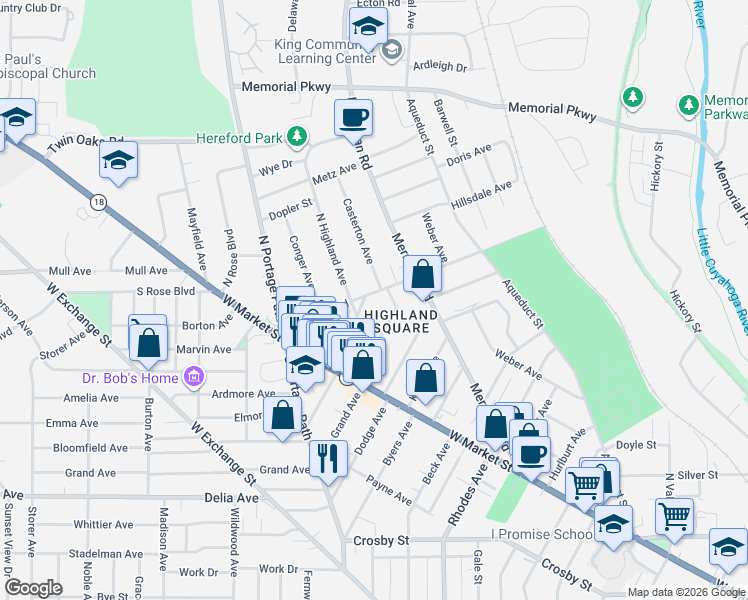 map of restaurants, bars, coffee shops, grocery stores, and more near 85 North Highland Avenue in Akron