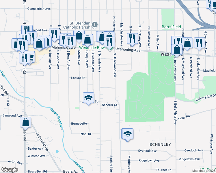 map of restaurants, bars, coffee shops, grocery stores, and more near 2625 Austin Avenue in Youngstown