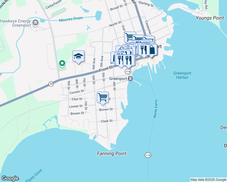 map of restaurants, bars, coffee shops, grocery stores, and more near 421 4th Street in Greenport