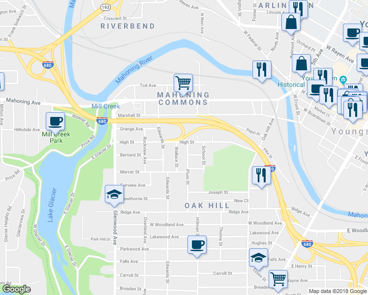 map of restaurants, bars, coffee shops, grocery stores, and more near 312 Plum Street in Youngstown