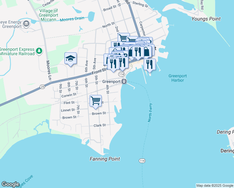 map of restaurants, bars, coffee shops, grocery stores, and more near 308 Flint Street in Greenport