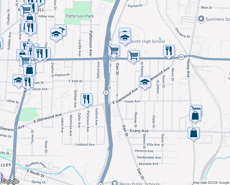 map of restaurants, bars, coffee shops, grocery stores, and more near 767 Gorge Boulevard in Akron