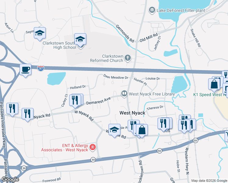 map of restaurants, bars, coffee shops, grocery stores, and more near 20 Demarest Avenue in West Nyack