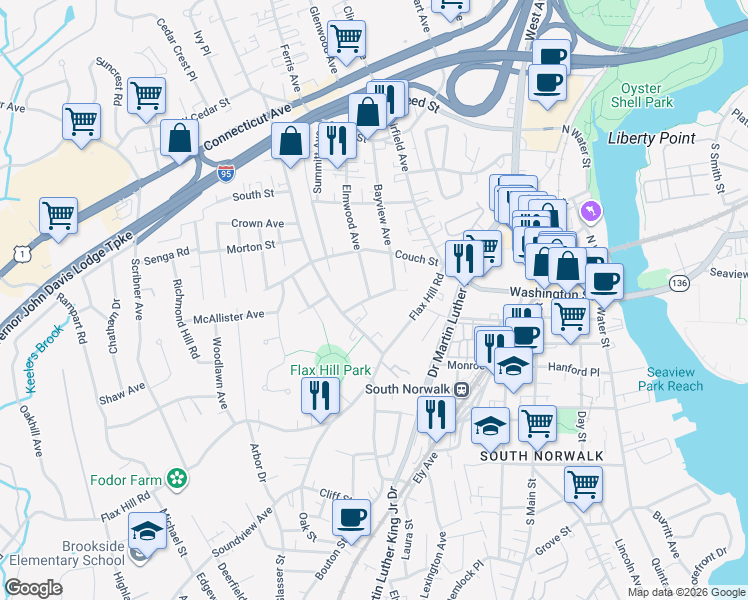 map of restaurants, bars, coffee shops, grocery stores, and more near 16 Hillside Place in Norwalk