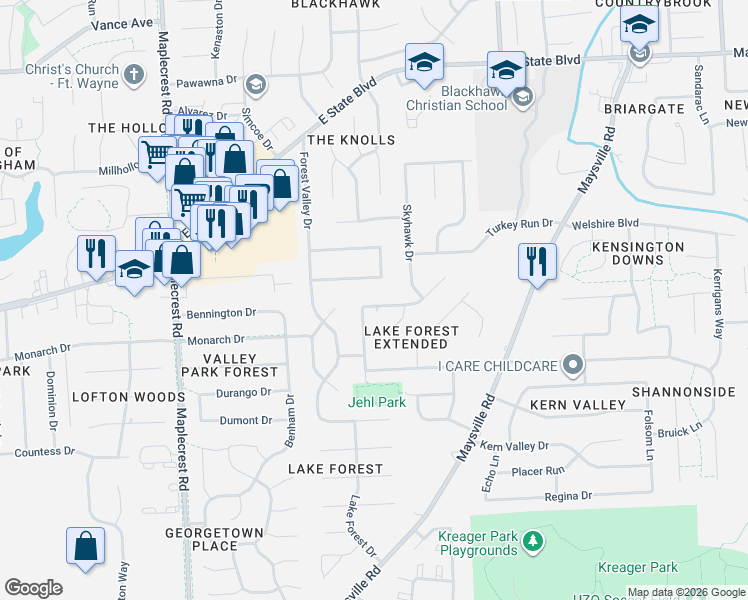 map of restaurants, bars, coffee shops, grocery stores, and more near 7004 Mowhawa Drive in Fort Wayne