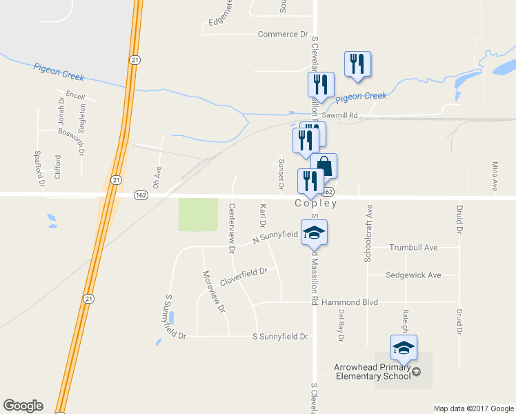 map of restaurants, bars, coffee shops, grocery stores, and more near 1440 Karl Drive in Akron