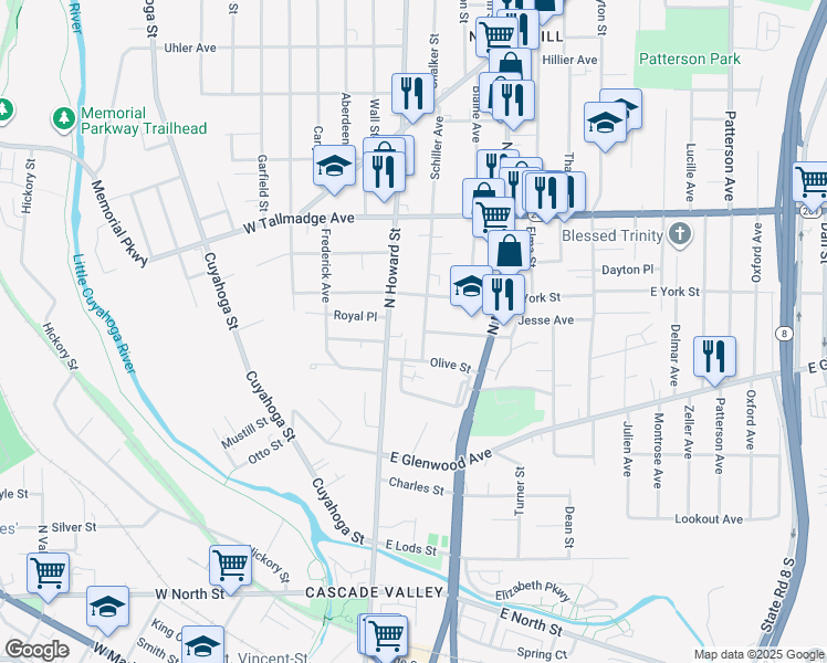 map of restaurants, bars, coffee shops, grocery stores, and more near 496 Schiller Avenue in Akron
