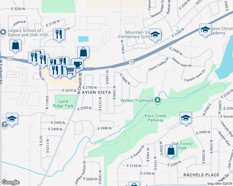 map of restaurants, bars, coffee shops, grocery stores, and more near 2653 North 1650 East in Layton