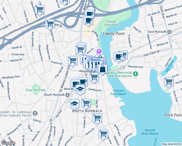 map of restaurants, bars, coffee shops, grocery stores, and more near in Norwalk