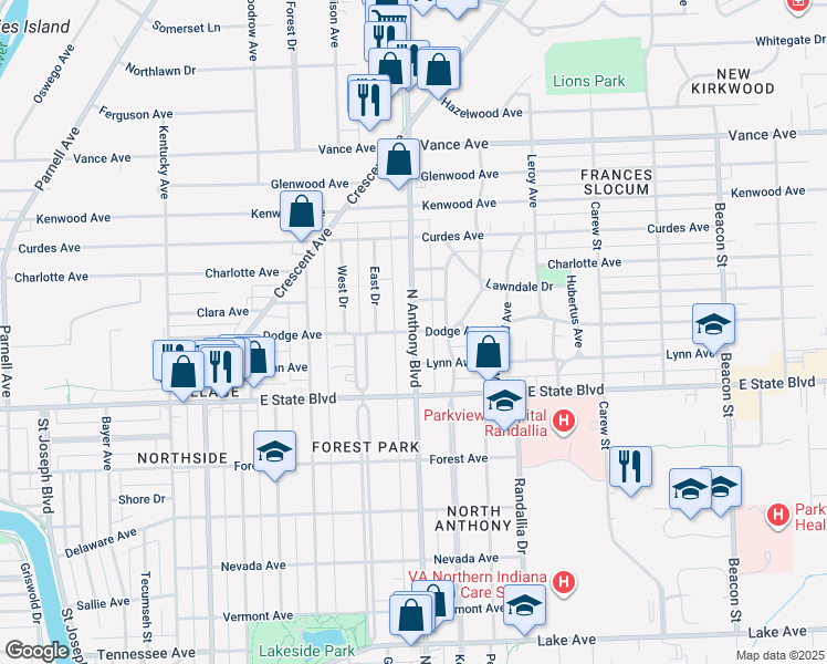 map of restaurants, bars, coffee shops, grocery stores, and more near 1801 Dodge Avenue in Fort Wayne