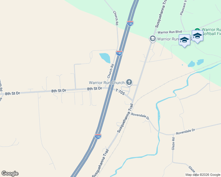 map of restaurants, bars, coffee shops, grocery stores, and more near 8th Street Drive in Watsontown