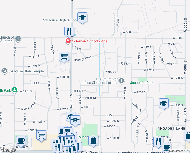 map of restaurants, bars, coffee shops, grocery stores, and more near 1044 South 1775 West in Syracuse
