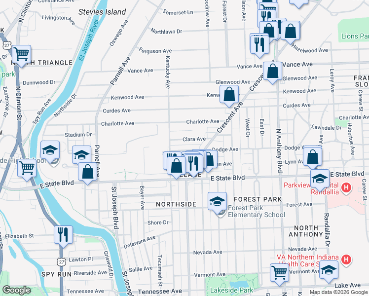 map of restaurants, bars, coffee shops, grocery stores, and more near 1133 Dodge Avenue in Fort Wayne