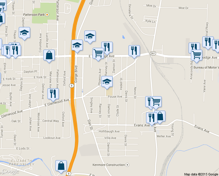 map of restaurants, bars, coffee shops, grocery stores, and more near 840 Damon Street in Akron