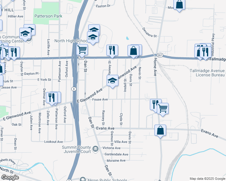 map of restaurants, bars, coffee shops, grocery stores, and more near 840 Damon Street in Akron