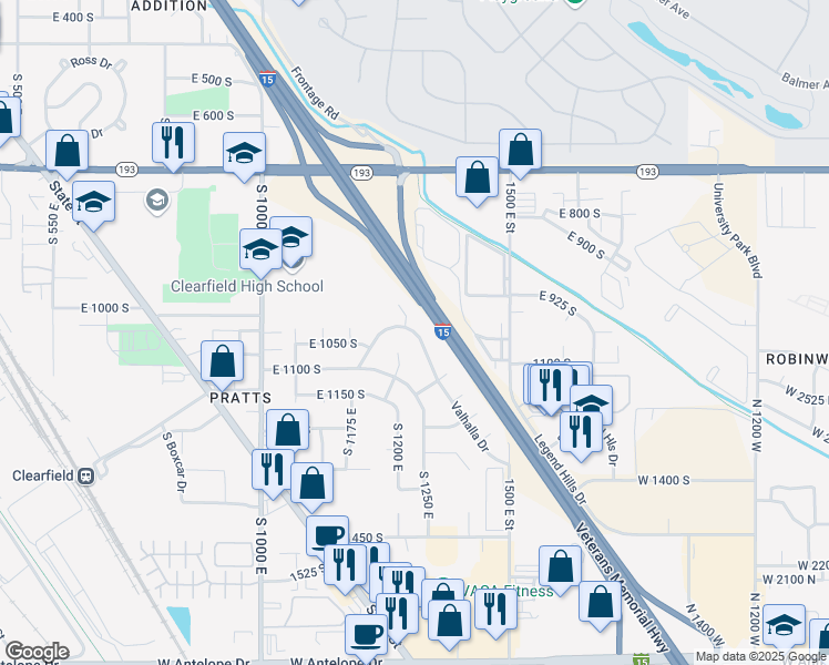 map of restaurants, bars, coffee shops, grocery stores, and more near 1024 1100 in Clearfield