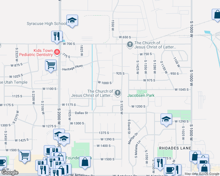 map of restaurants, bars, coffee shops, grocery stores, and more near 1637 West 1050 South in Syracuse