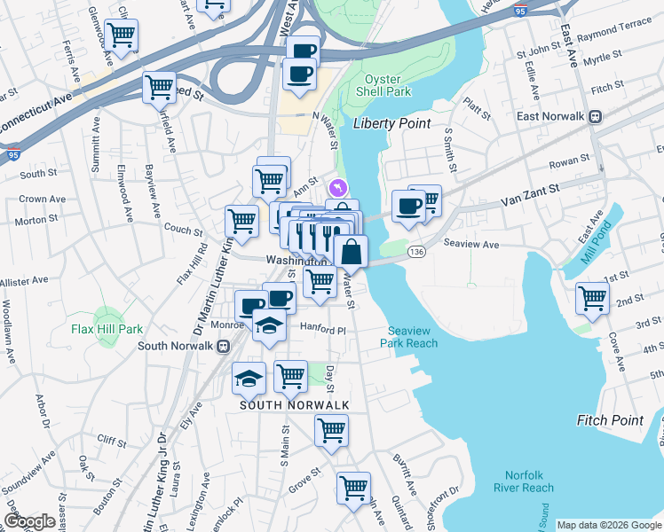 map of restaurants, bars, coffee shops, grocery stores, and more near in Norwalk