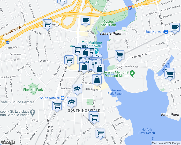 map of restaurants, bars, coffee shops, grocery stores, and more near in Norwalk