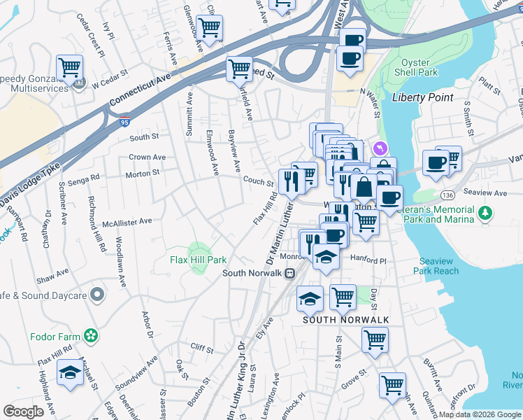 map of restaurants, bars, coffee shops, grocery stores, and more near 144 Flax Hill Road in Norwalk