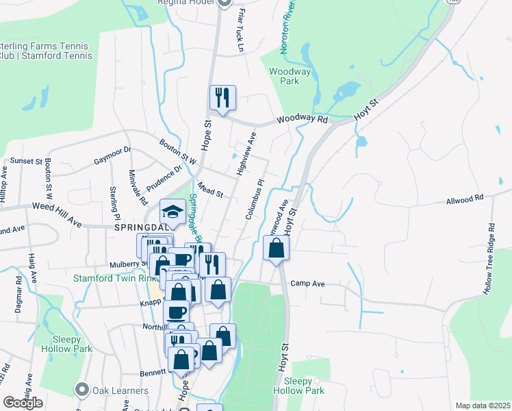 map of restaurants, bars, coffee shops, grocery stores, and more near 73 Columbus Place in Stamford