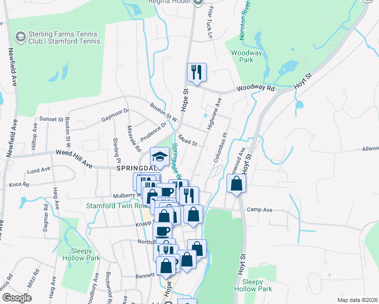 map of restaurants, bars, coffee shops, grocery stores, and more near 21 Oenoke Place in Stamford