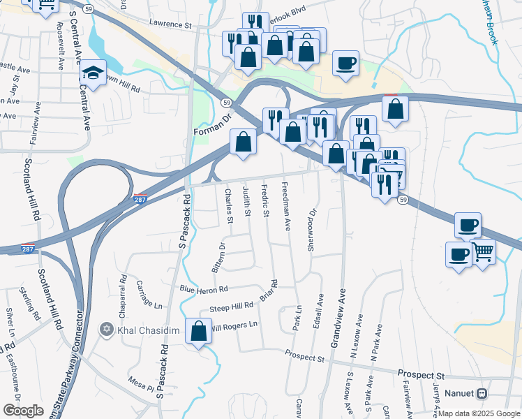 map of restaurants, bars, coffee shops, grocery stores, and more near 26 Fredric Street in Nanuet